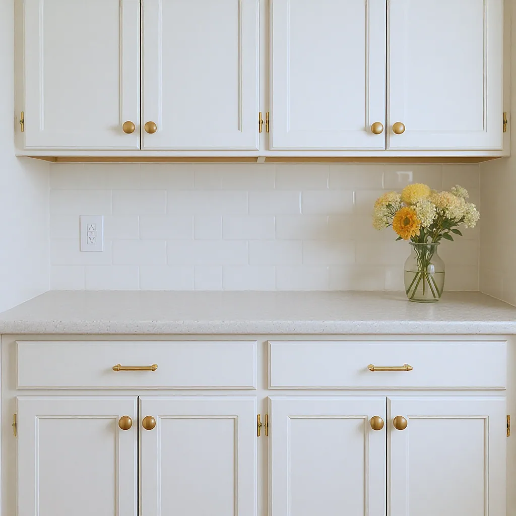 Bright Kitchen With Painted Lower Cabinets Brass Pulls And A