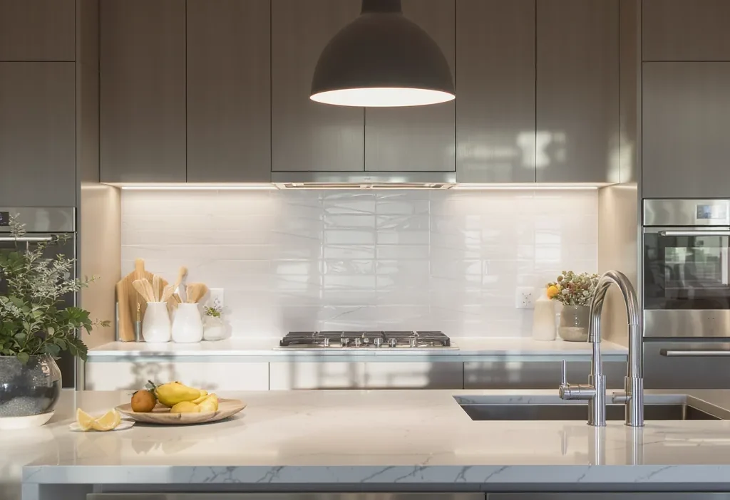 Diagram showing task, ambient, and accent lighting placement in a modern kitchen design.