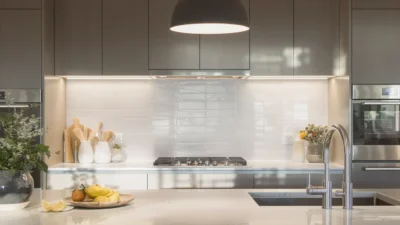 Diagram showing task, ambient, and accent lighting placement in a modern kitchen design.