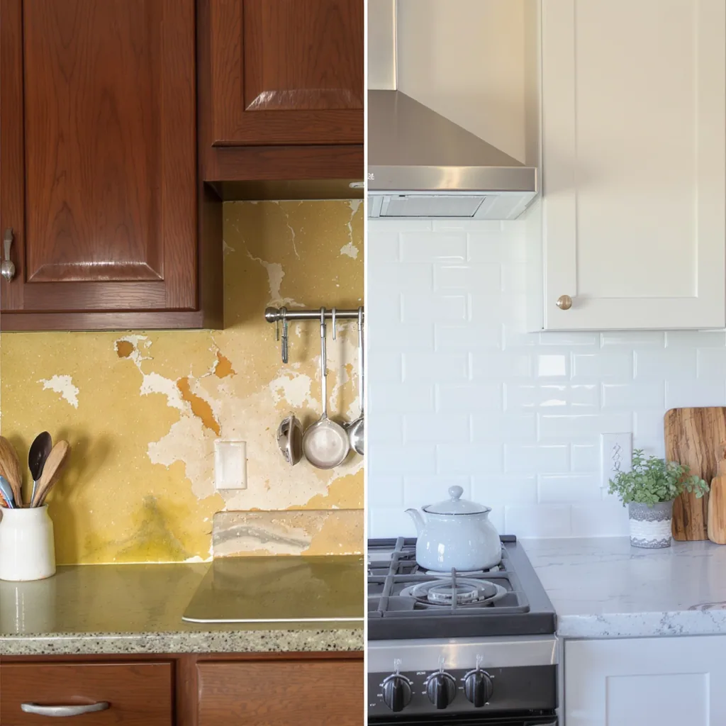 Side-by-side Comparison Of A Dated Kitchen Wall And The Same