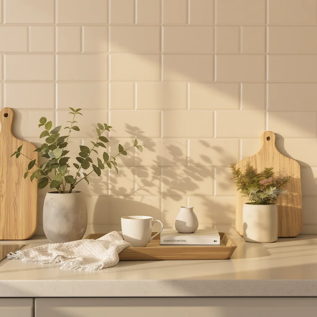 Serene Kitchen Counter With A Tray Of Grouped Items And