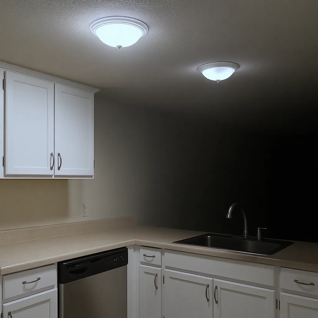 Kitchen With Bright Ceiling Lights Casting Shadows On Countertop And