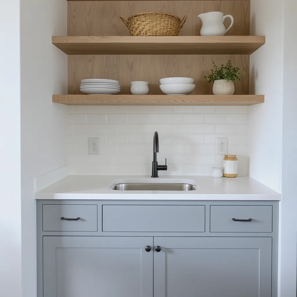 Kitchen With Light Blue Cabinets Dark Hardware And Open Wood