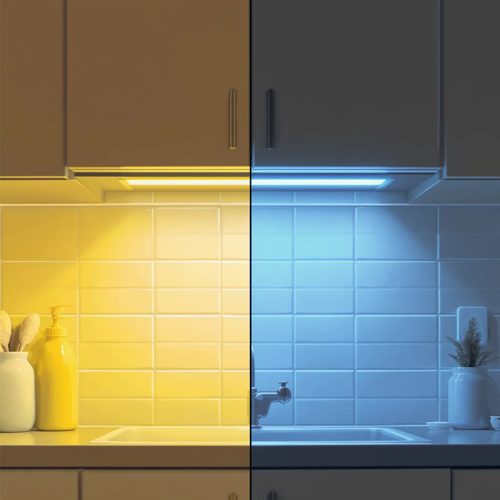 Side-by-side A Kitchen Wall Under Warm Yellow And Cool Blue