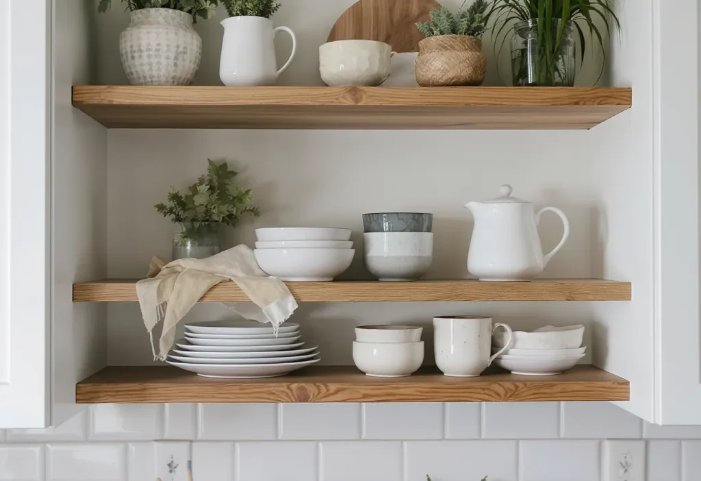 Before and after of organized kitchen shelves with decluttered dishware and decorative items.