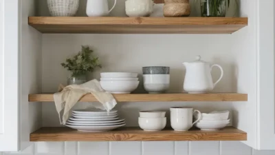 Before and after of organized kitchen shelves with decluttered dishware and decorative items.